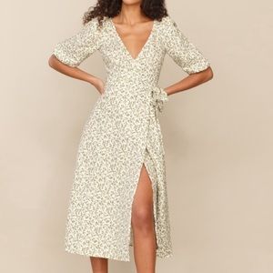 Reformation Mint Linen Floral Midi Wrap Dress XL